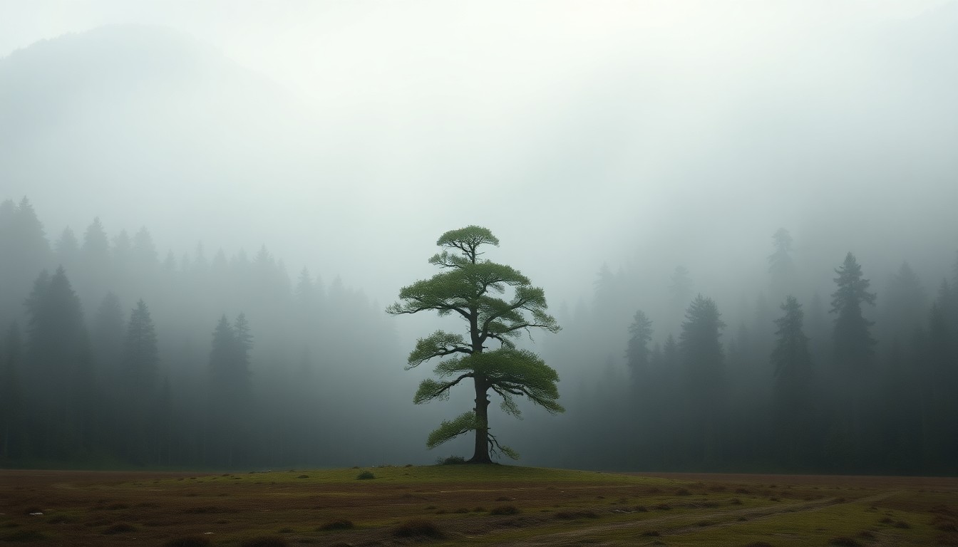 A serene, atmospheric landscape painting in muted tones of grey, green, and blue, depicting a solitary tree in a fog-shrouded forest clearing, conveying a sense of the overwhelming scale and power of nature.