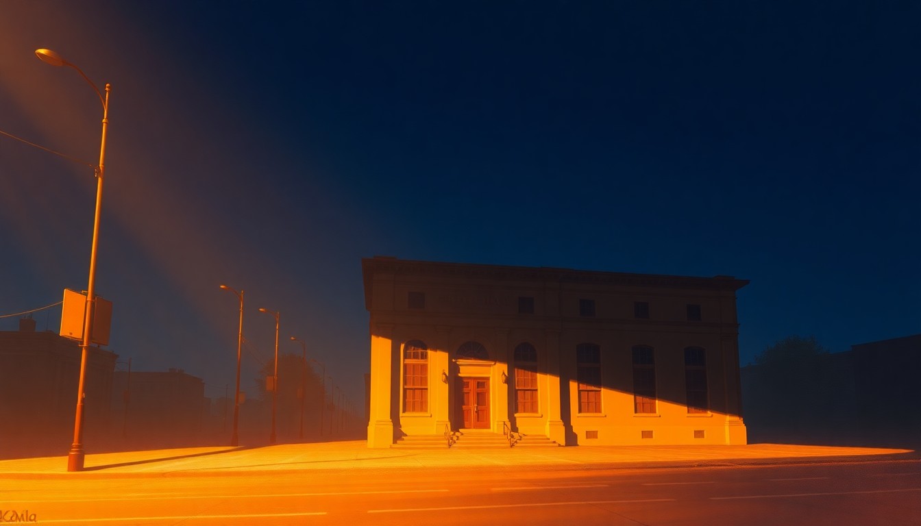 A serene, nostalgic painting of a city hall building in warm, golden light, capturing the quiet civic atmosphere of a local election.