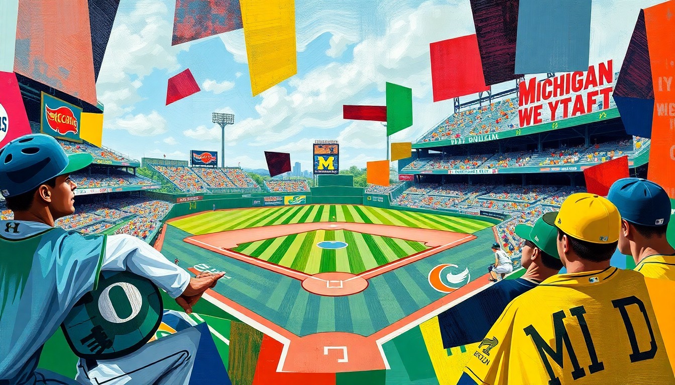 A cubist, geometric painting depicting a college baseball game, with overlapping planes of bright green, yellow, and blue representing the players and field of play. The fragmented, multi-perspective style captures the dynamic action of the sport.