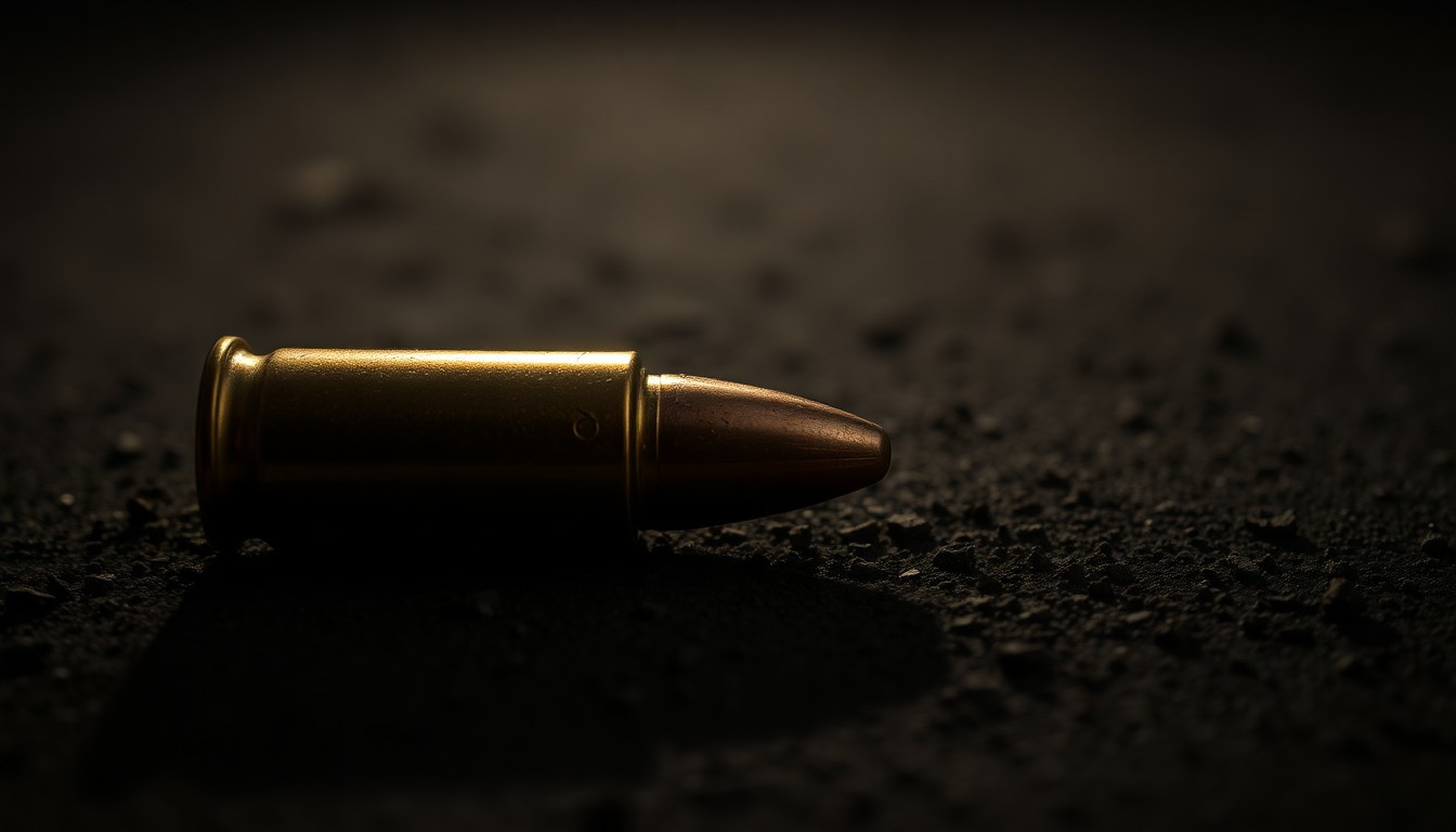 An extreme close-up photograph of a single spent shell casing on a dark, gritty surface, conceptually representing the aftermath of a shooting incident.