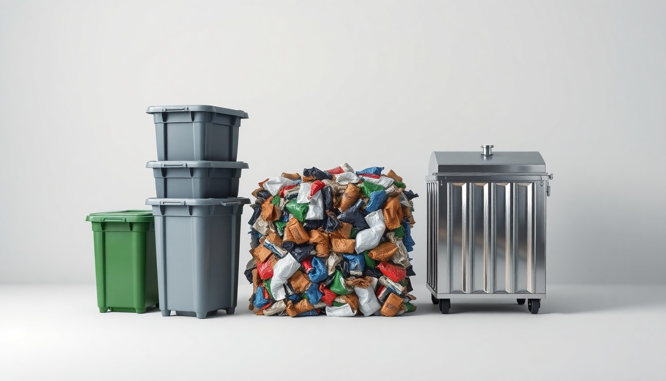A photorealistic studio still life featuring a stack of recycling bins, a bale of compacted recyclables, and a metal trash compactor, conceptually representing Meridian Waste's integrated waste management and recycling services.