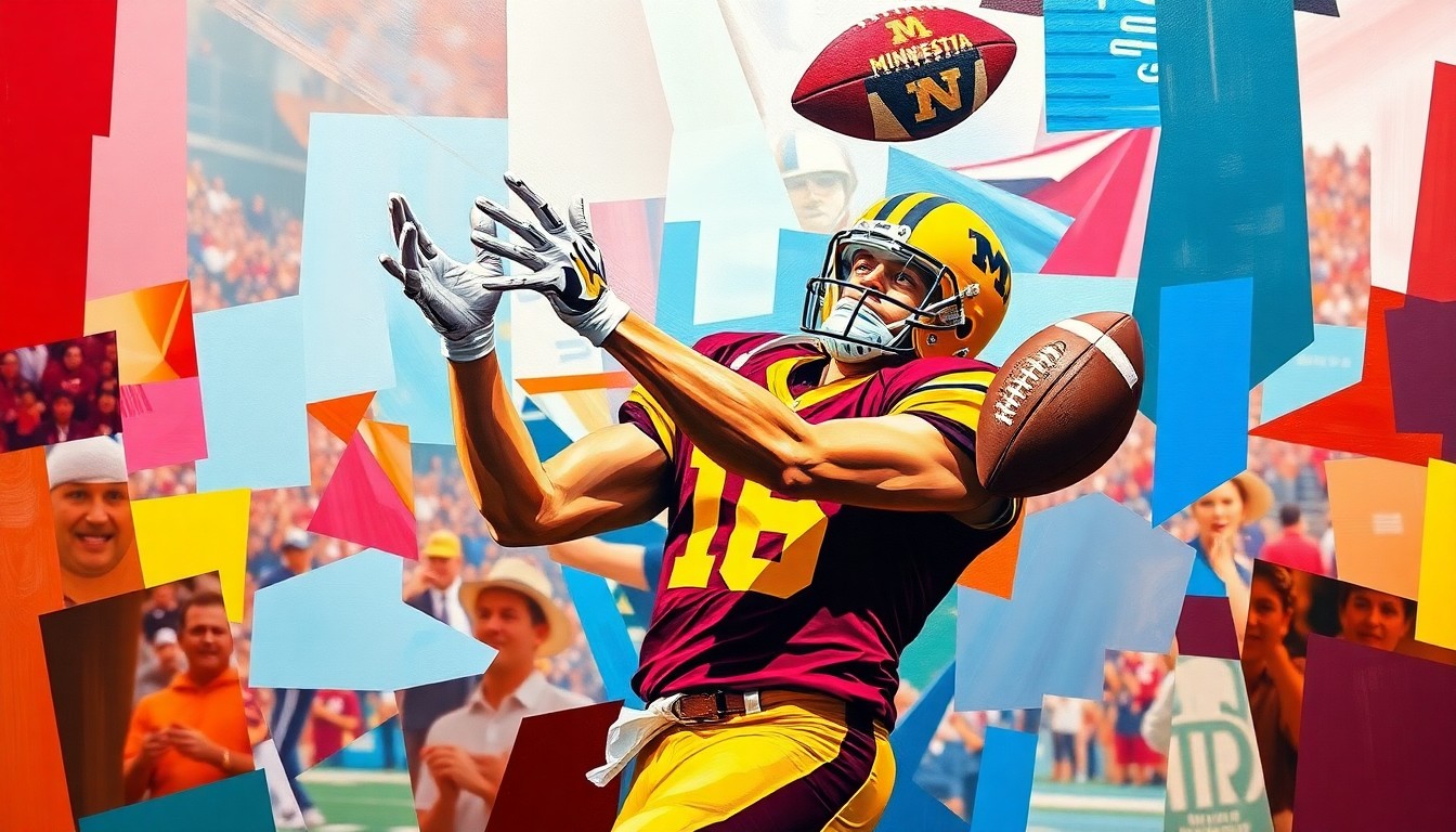 A cubist, multi-perspective painting depicting a football player in mid-catch, with their body broken down into sharp, overlapping geometric shapes in the University of Minnesota's maroon and gold colors.