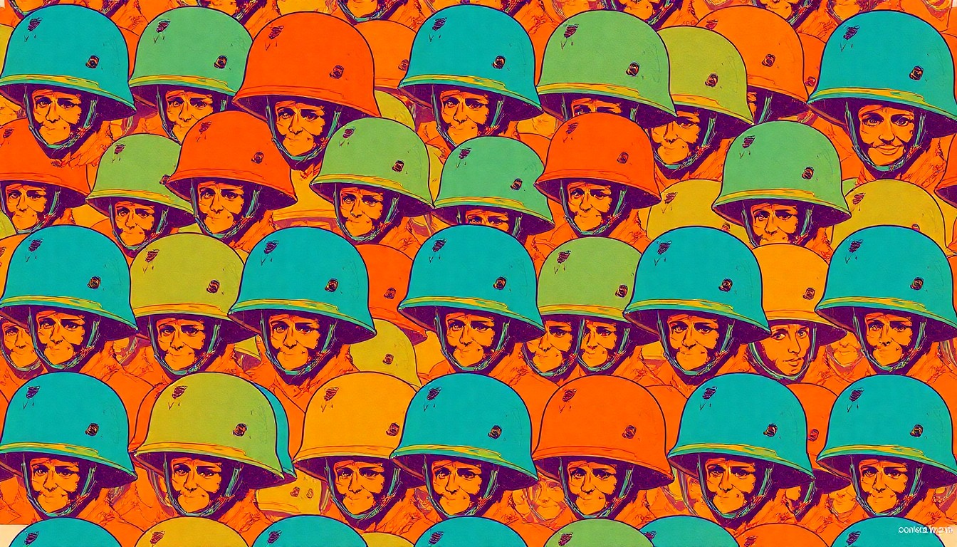 A vibrant, high-contrast silkscreen print depicting a vintage military helmet repeated in a grid pattern, representing the diverse experiences of soldiers during the Vietnam War.