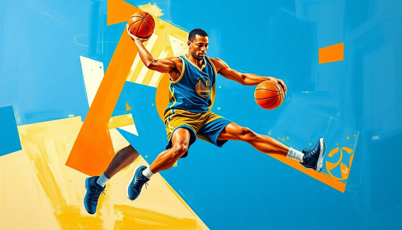 A fragmented, cubist-style painting depicting a basketball player in motion, with sharp geometric shapes and planes in shades of blue, orange, and white, conveying the dynamic energy of the sport.
