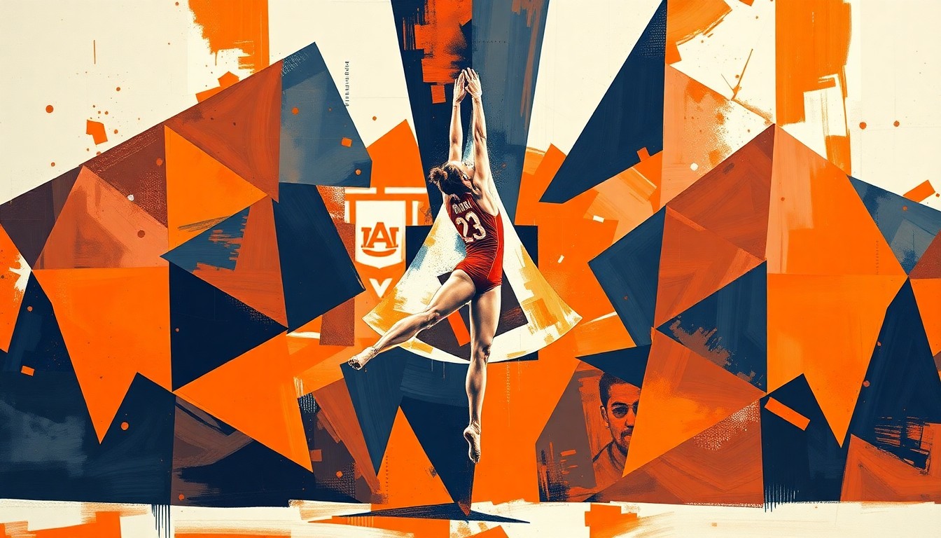 A cubist, geometric painting depicting a fragmented gymnastics routine, with sharp planes of burnt orange and navy blue representing the sport's dynamic movements and Auburn's team colors.