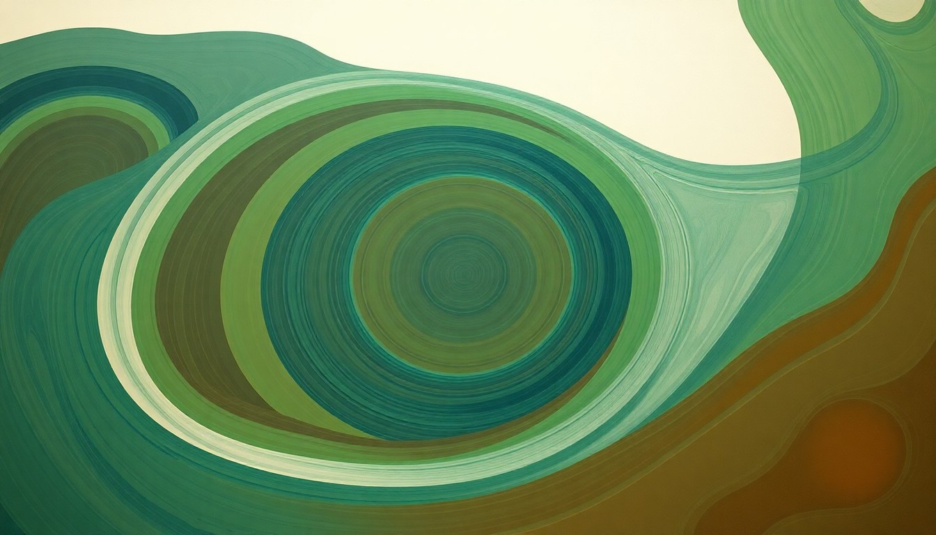 A bold, highly structured abstract painting in earthy tones of green, brown, and blue, featuring sweeping geometric arcs, concentric circular patterns, and precise botanical spirals, conceptually representing the hidden flows and structural order of the regional water system in Canyon County, Idaho.