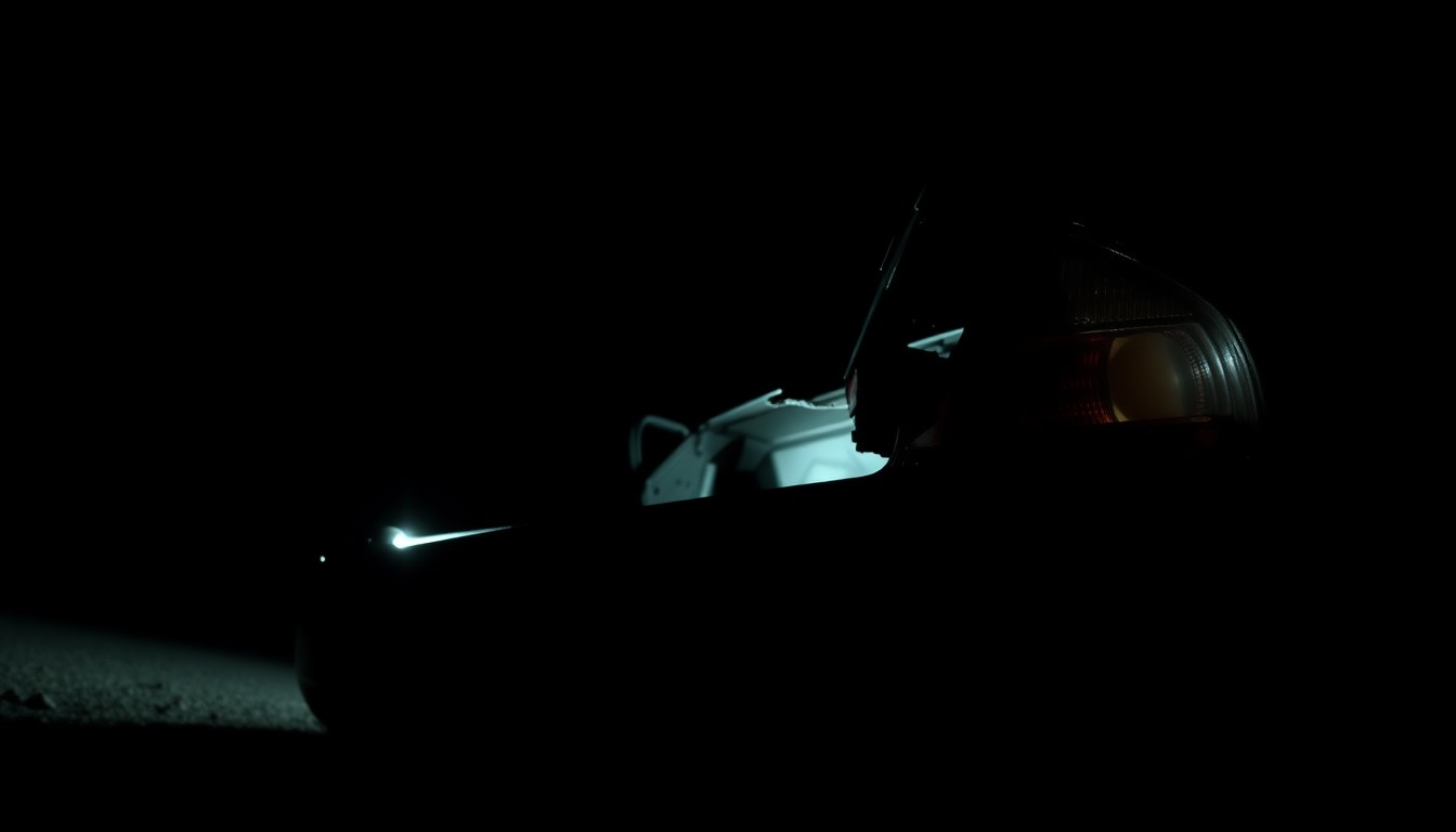 An extreme close-up photograph of a damaged car part or piece of evidence from the school bus crash, lit by a harsh, direct camera flash against a pitch-black background, conceptually illustrating the stark, gritty aftermath of the tragic incident.