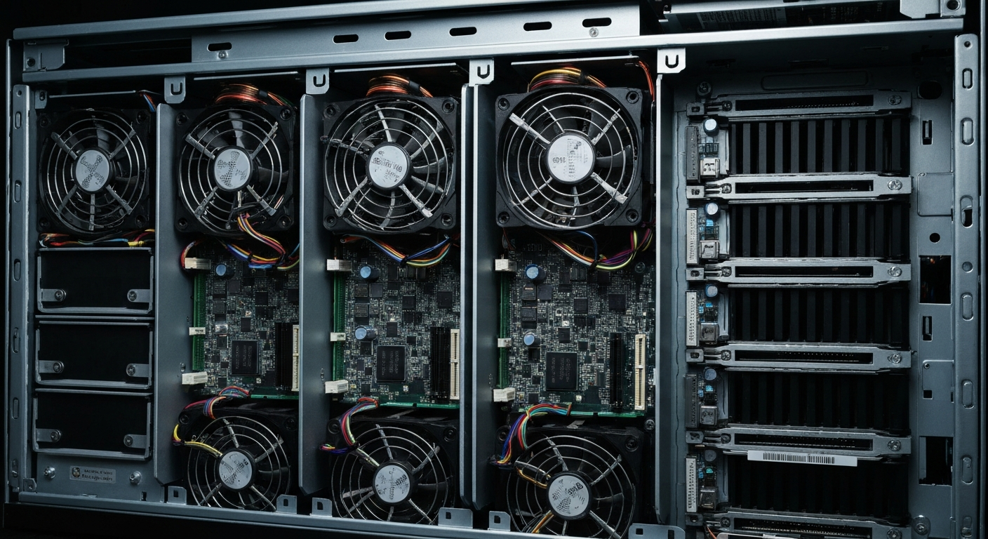 An extreme close-up of the dense array of circuit boards, cooling fans, and power supply components inside a high-performance server chassis, conveying the technological complexity and engineering prowess behind Super Micro Computer's products.