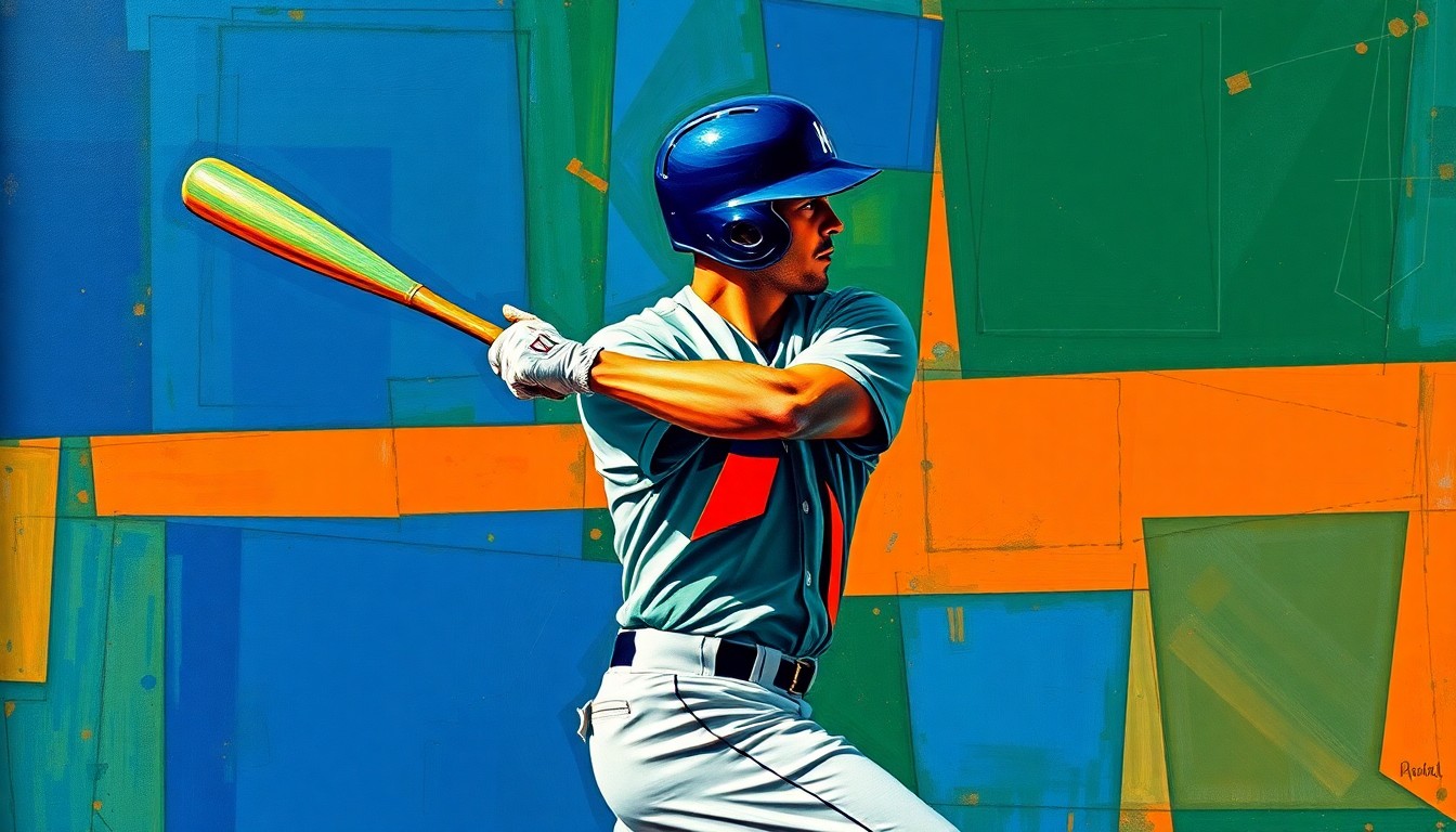 A cubist, geometric painting depicting a baseball player's batting motion broken down into overlapping planes of navy, green, and orange, conveying the raw power and athleticism of the player's performance.