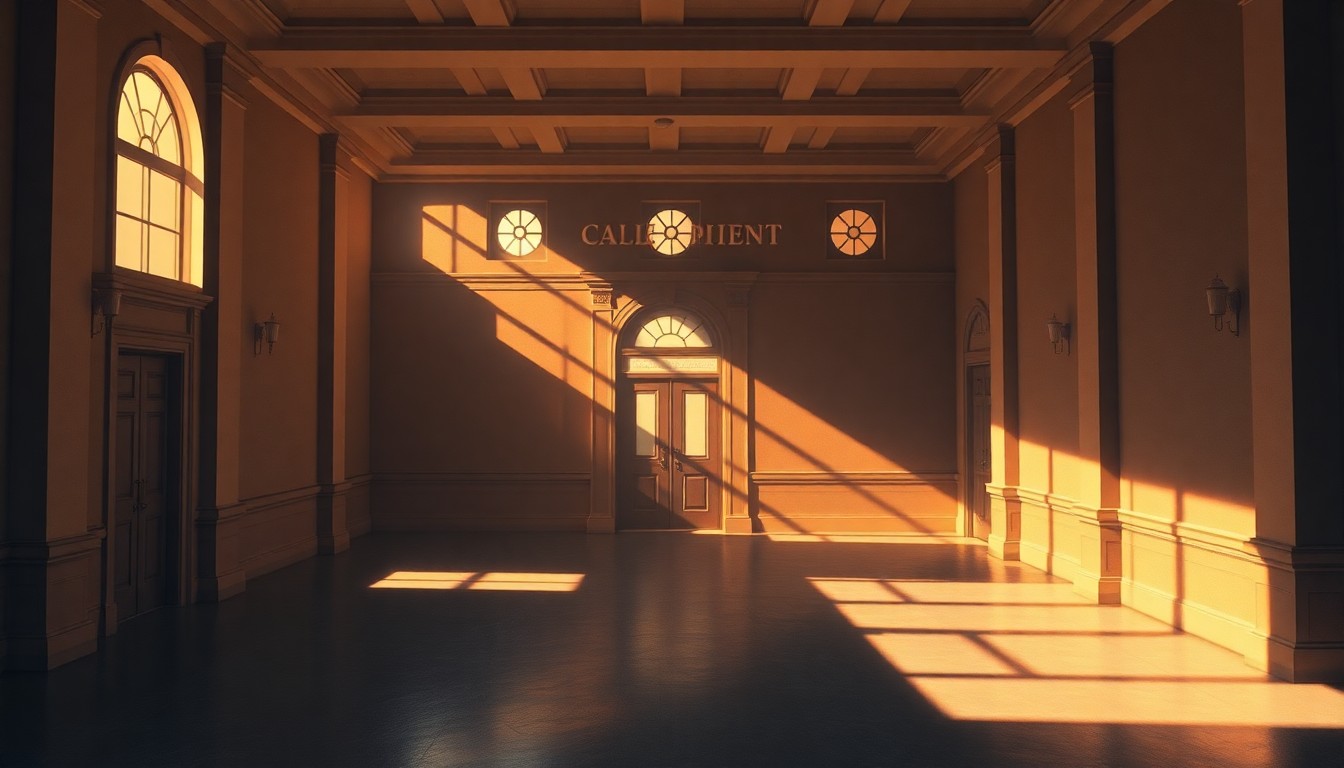 A serene, photorealistic painting of a municipal building's exterior, with warm sunlight streaming through the windows and deep shadows cast across the facade, conveying a sense of quiet civic importance.