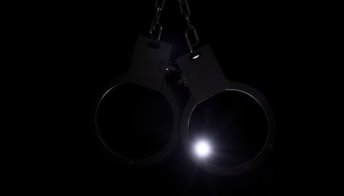 An extreme close-up photograph of a pair of metal handcuffs against a stark black background, the harsh flash illuminating the textured surface and cold, unyielding form of the restraints, conceptually representing the legal consequences faced by a judge who intervened in a federal immigration case.