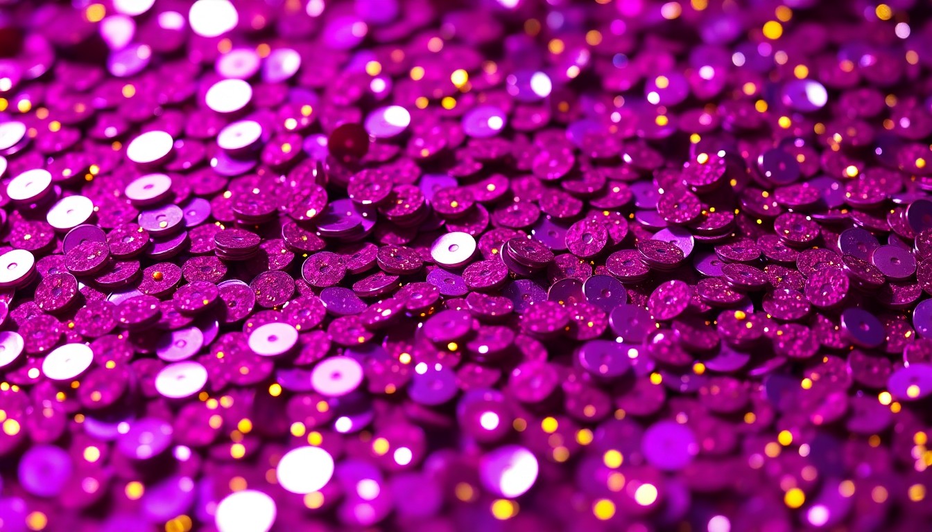 An abstract close-up photograph of shimmering, high-contrast sequins in rich purple, magenta, and gold hues, capturing the glamour and energy of Young Miko's music.