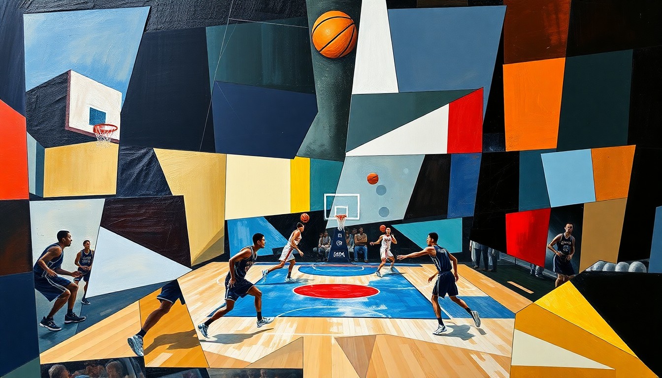 A cubist, geometric painting depicting the dynamic movements and energy of a basketball game, with players and the court deconstructed into abstract shapes and planes of color.
