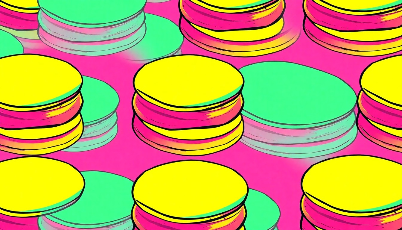 A highly stylized, abstract illustration of a stack of pancakes repeated in a grid pattern, rendered in bright, neon colors and heavy black outlines to create a modern pop art effect, conceptually representing a community fundraising event.