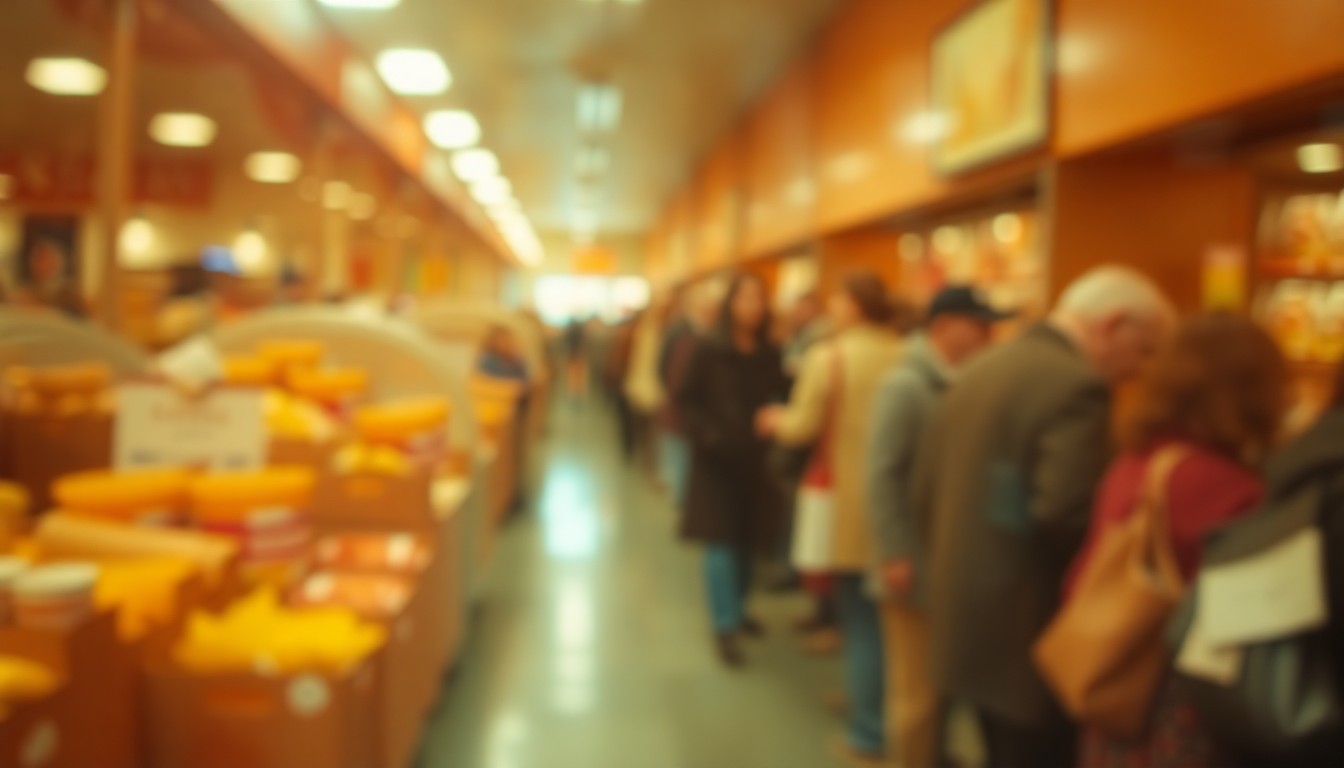 An abstract, impressionistic scene of a crowded food pantry distribution line, with blurred figures and shelves of supplies visible through a hazy, rain-streaked lens, conveying the emotional strain and sense of urgency surrounding the increased demand for community food aid.
