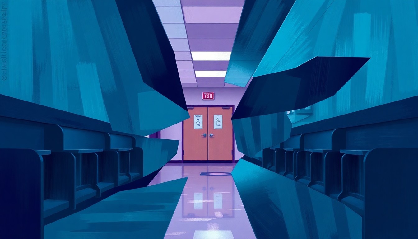 A dynamic, abstract painting of a school hallway or classroom rendered in overlapping geometric shapes and fractured brushstrokes of dark blue, teal, and violet, conveying a sense of disruption and uncertainty.
