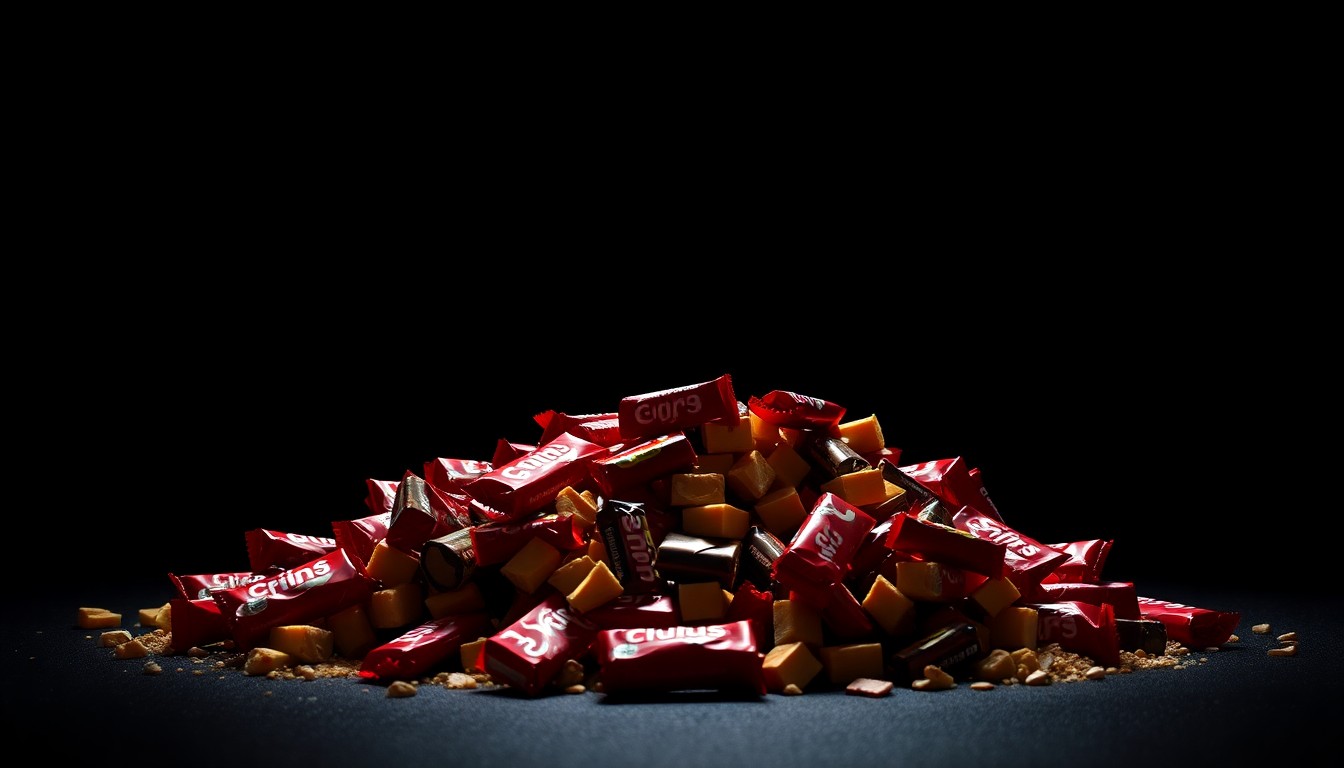 An extreme close-up photograph of a pile of stolen candy bars against a pitch-black background, lit by a harsh, direct camera flash, conceptually illustrating the organized retail theft problem addressed by the updated ordinance.