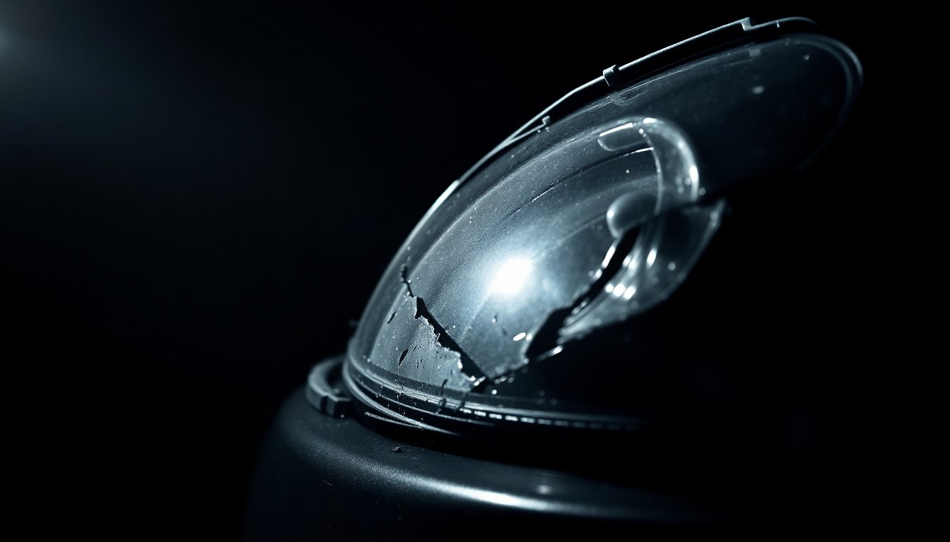 An extreme close-up photograph of a twisted, damaged car part illuminated by a harsh, direct camera flash against a pitch-black background, conceptually illustrating the sudden and gritty nature of the rollover crash.