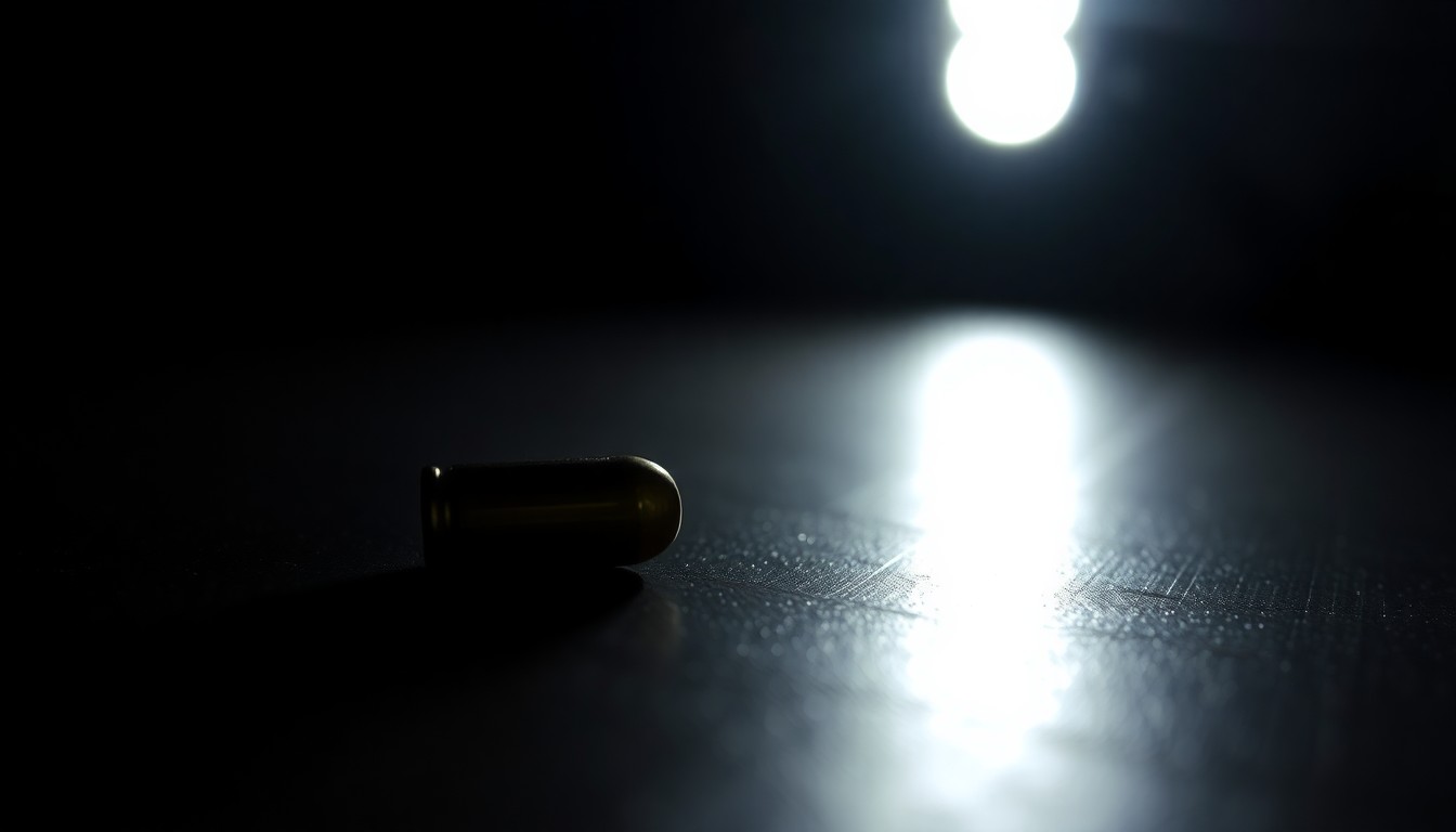 An extreme close-up photograph of a single bullet casing on a dark surface, lit by a harsh, direct camera flash, conceptually representing the evidence found at the scene of a domestic violence incident.