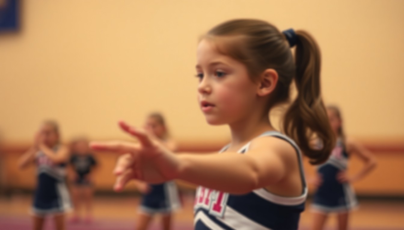A blurred, impressionistic photograph showing the silhouette of a young girl in a cheerleading uniform practicing her routine, with the background softly out of focus in a hazy, dreamlike style that captures the emotional essence of the story.