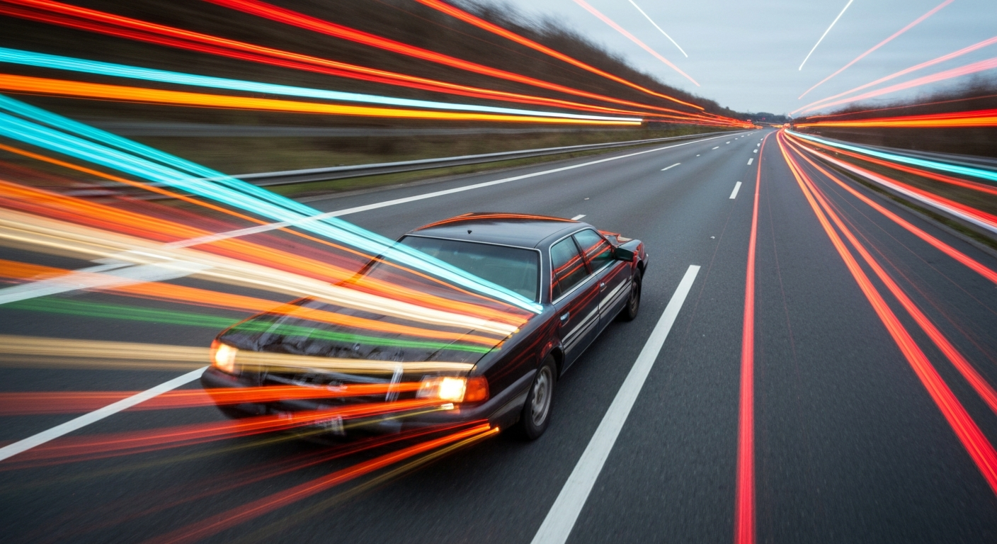 An abstract, blurred image of a disabled vehicle on the highway, conveying the sense of speed, motion, and disruption caused by the crash.