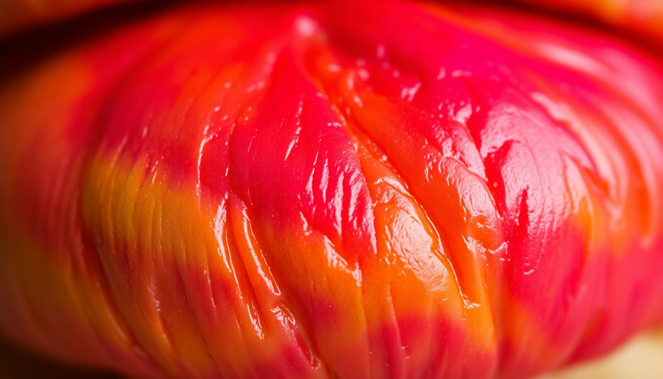 An extreme close-up photograph of a colorful, glossy rainbow-colored burger bun, capturing the luxurious, high-fashion texture and dramatic studio lighting to create a glamorous, high-end aesthetic.