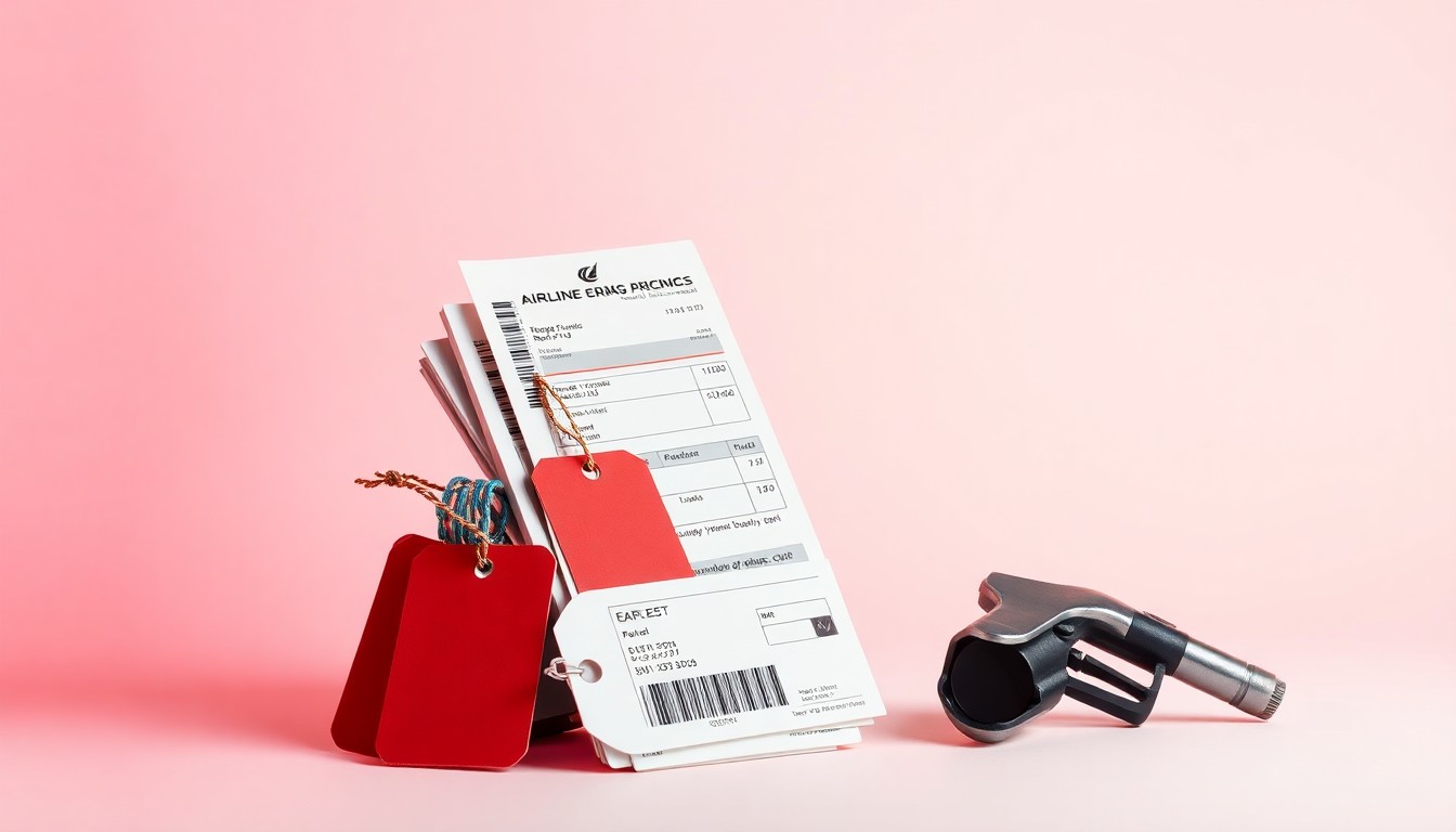 A photorealistic studio still life featuring a stack of airline boarding passes, a set of luggage tags, and a metal fuel nozzle arranged elegantly against a clean, monochromatic background, conceptually representing the impact of rising fuel prices on the airline industry.