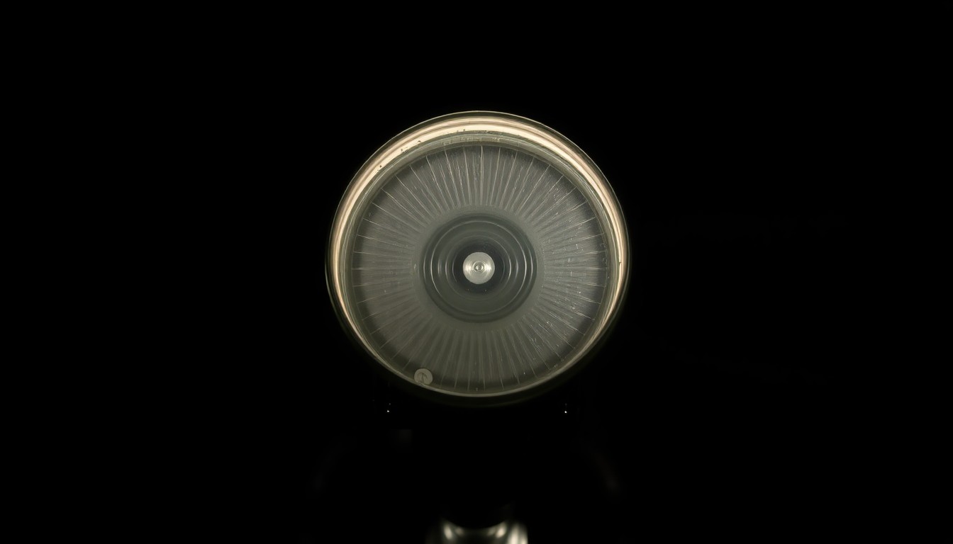 An extreme close-up photograph of a motorcycle turn signal lens, lit by a harsh, direct flash against a pitch-black background, conveying the gritty aftermath of a vehicle collision.
