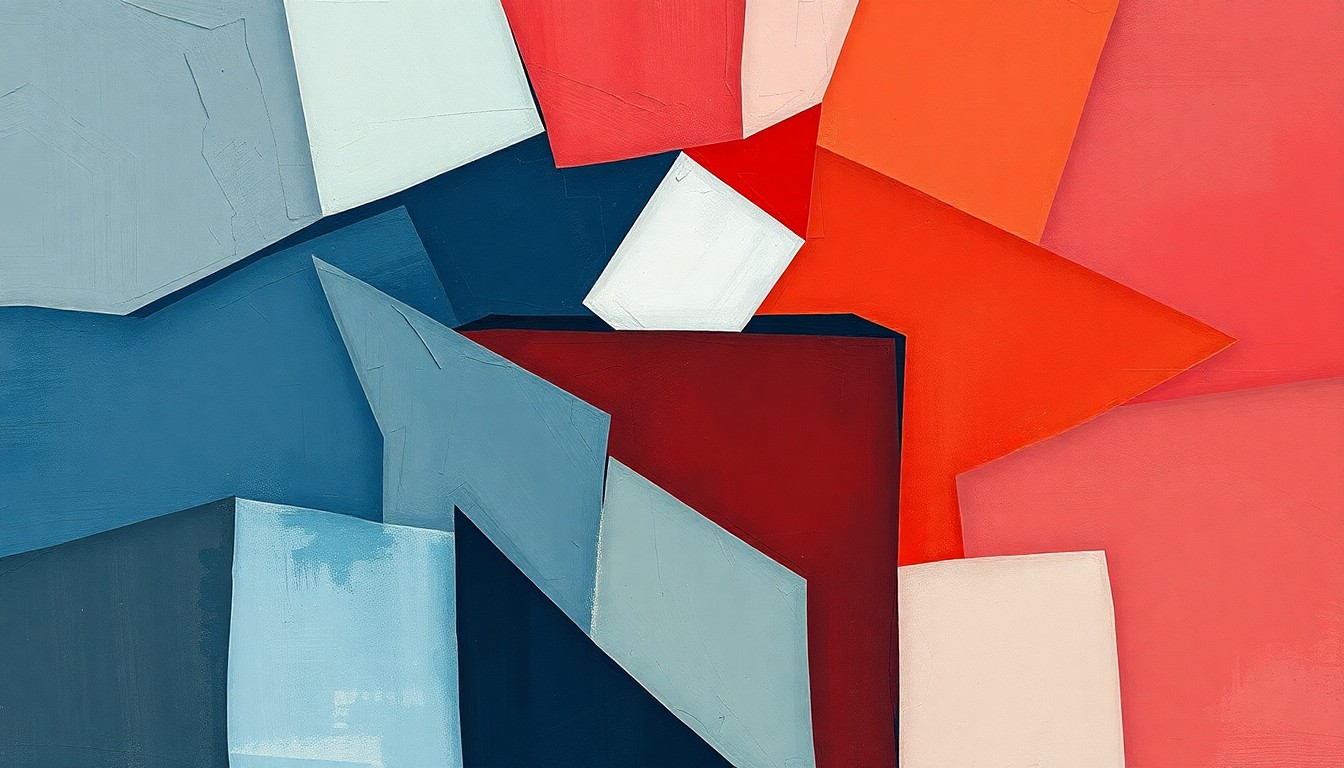 A fragmented, abstract painting of a voting booth or ballot box in shades of blue, grey, and red, conveying the complex and contested nature of voting rights in the United States.