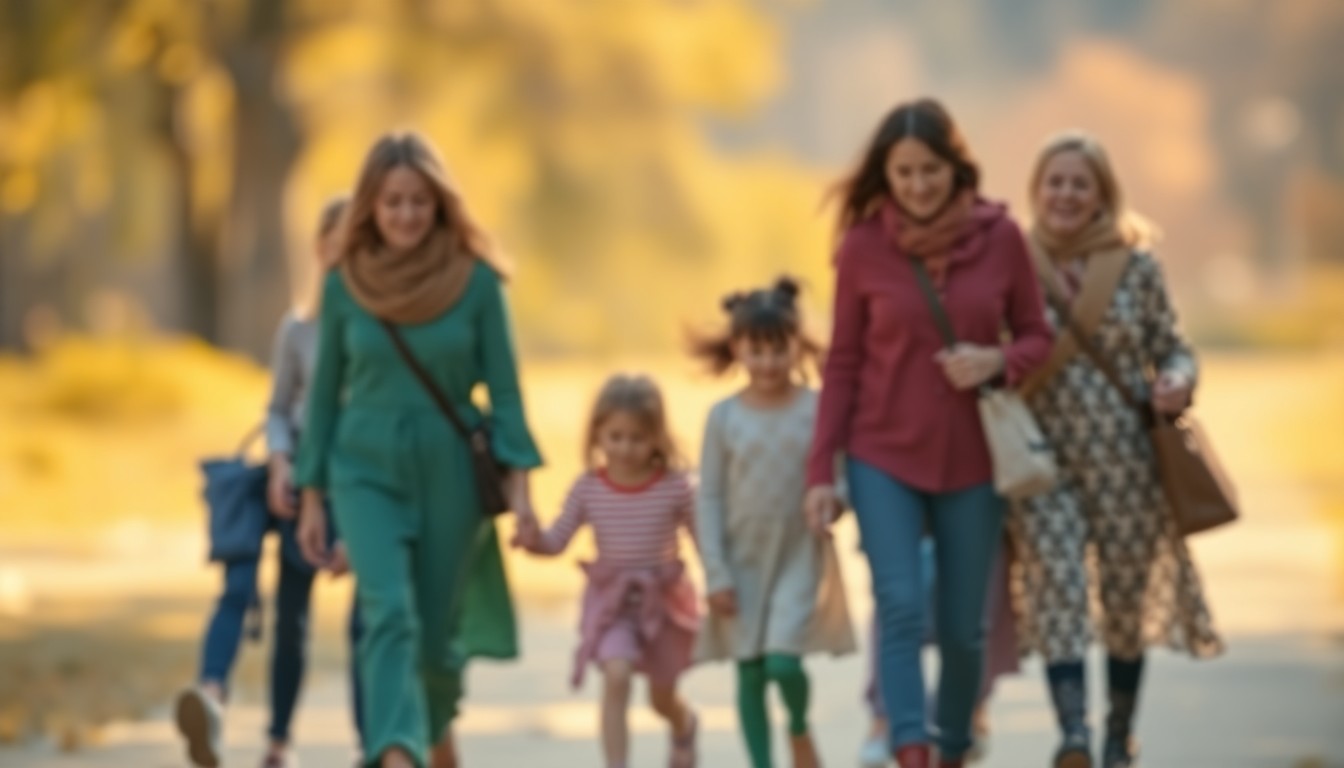 An abstract, out-of-focus photograph in warm tones depicting a group of mothers and children walking together, with the background blurred into soft, colorful shapes and pools of light, conceptually representing the community and connection at the heart of the Miles2Moms event.