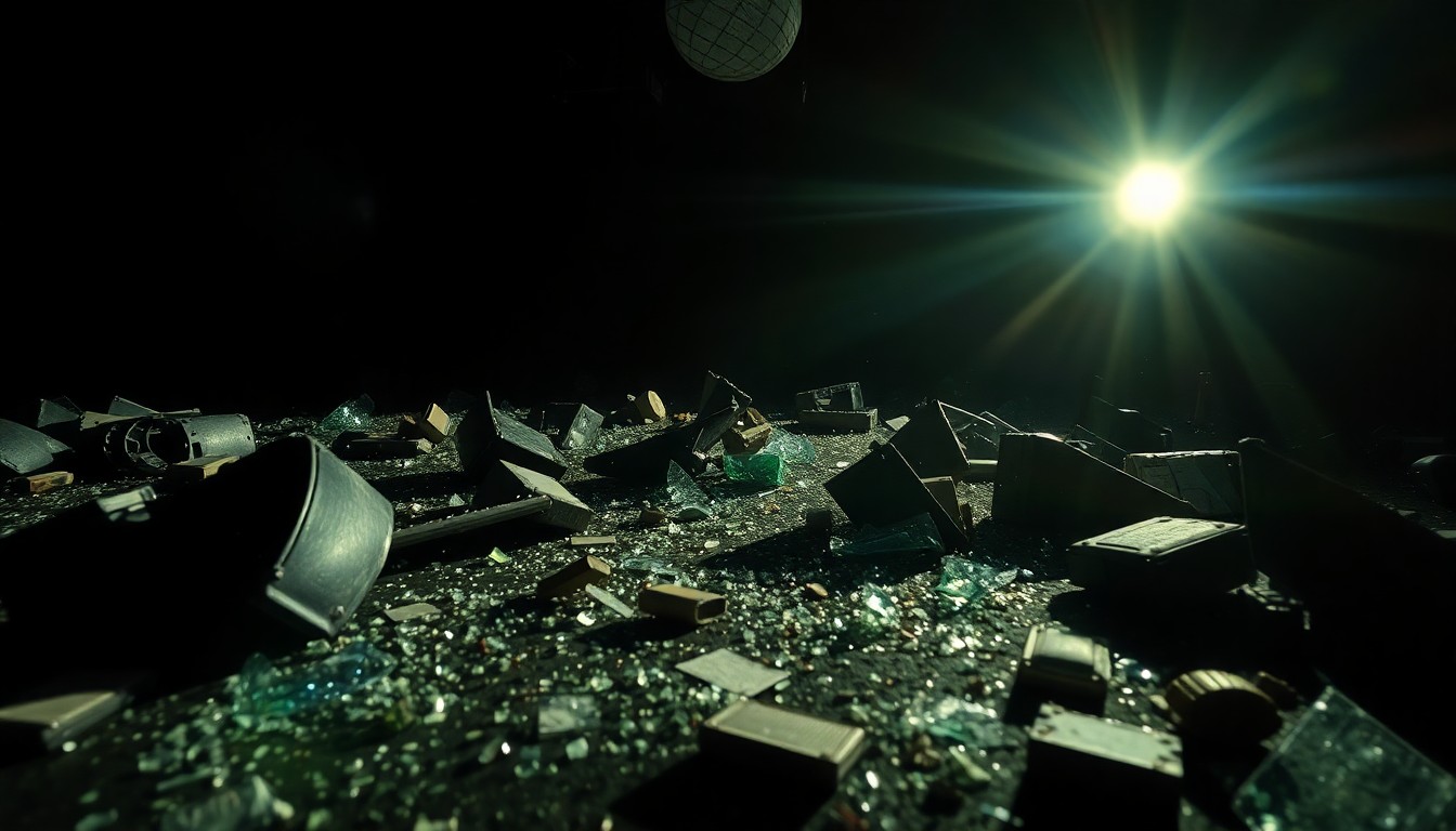 An extreme close-up photograph of shattered glass and car parts on the floor of a church sanctuary, creating a stark, gritty, investigative aesthetic.