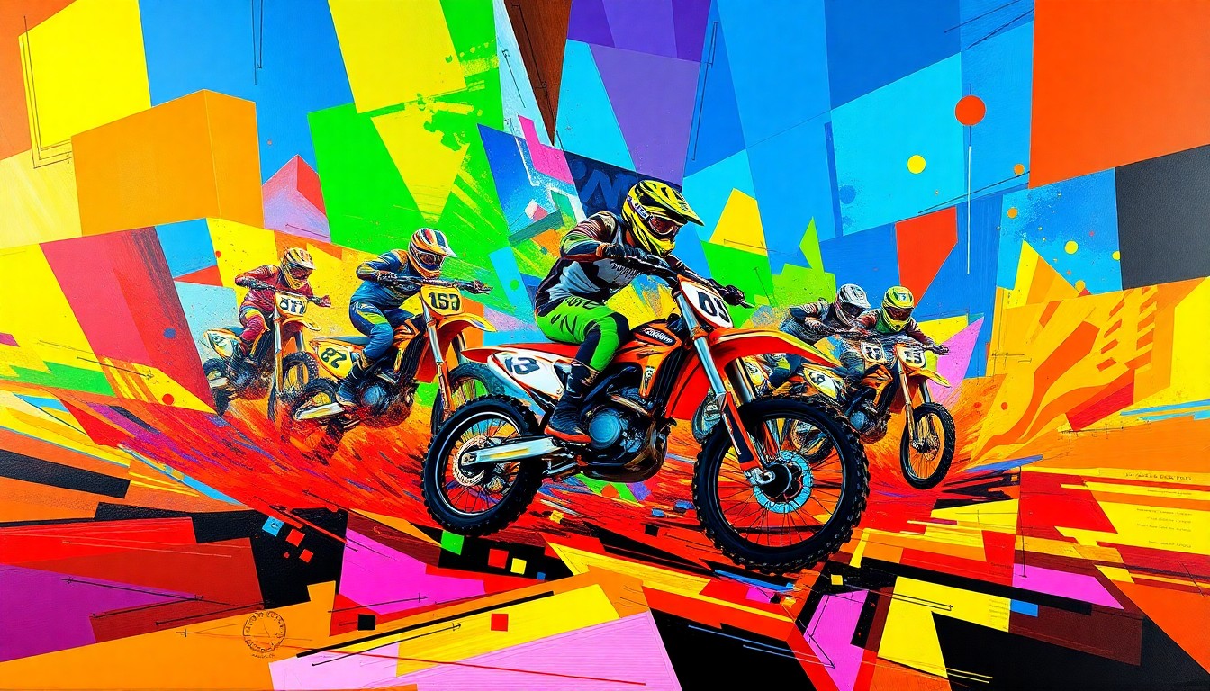 A vibrant, cubist-style painting depicting a Supercross race in a fractured, geometric style, with overlapping planes of bright neon colors representing the explosive energy and raw athleticism of the sport.