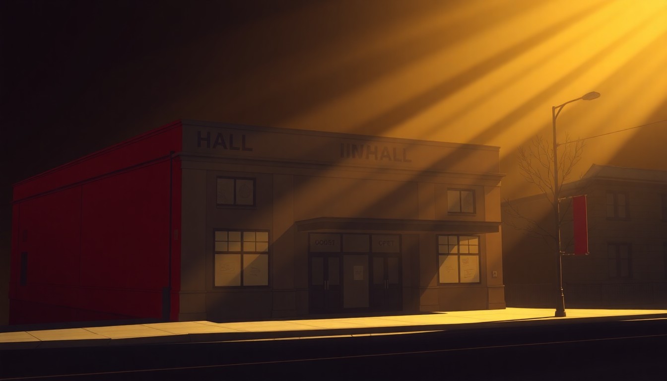A cinematic painting of a city hall building or municipal office in warm, golden light, with deep shadows creating a sense of solitude and contemplation around the challenges of municipal budgeting.