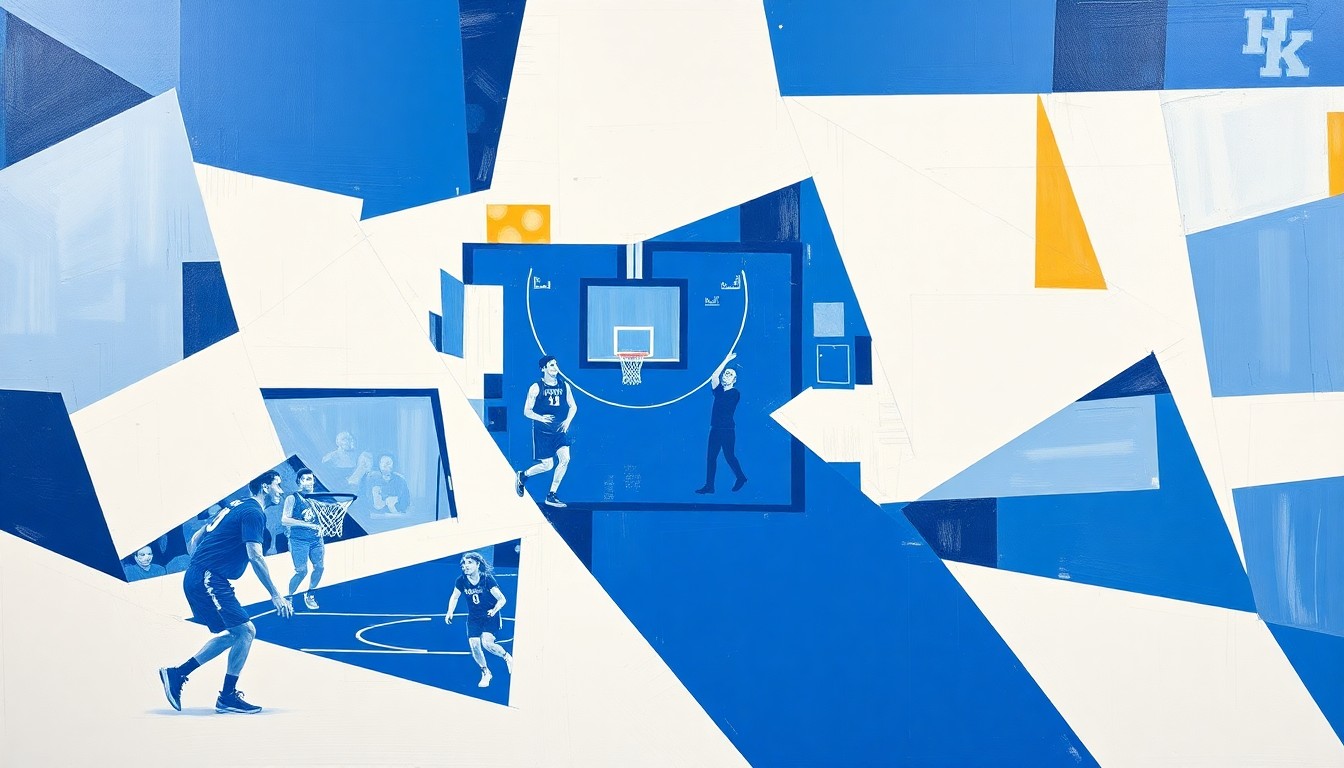 A fragmented, cubist-style painting depicting a Kentucky basketball game or practice, with sharp geometric shapes in shades of blue, white, and gold representing the dynamic action on the court.