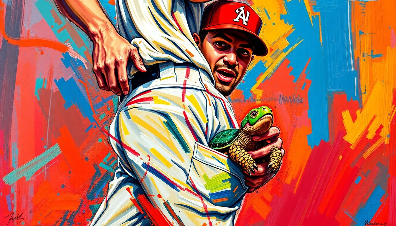 An abstract, energetic painting in neon colors depicting the dynamic motion of a baseball player pulling a tortoise from his pocket, conveying the playful spirit of the Brewers' new merchandise design.