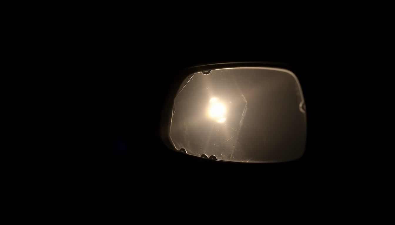 An extreme close-up photograph of a damaged car sensor or mirror, lit by a harsh, direct camera flash against a pitch-black background, conceptually illustrating the aftermath of a violent roadside incident.