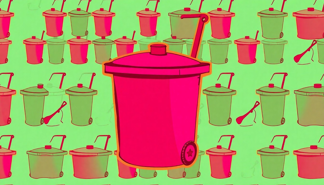 A brightly colored, high-contrast silkscreen print of a single, iconic gardening tool such as a shovel or rake repeated in a tight grid pattern, utilizing flat, vibrant, and unnatural neon color palettes overlapping with heavy black photographic outlines to transform an everyday object into modern pop art.