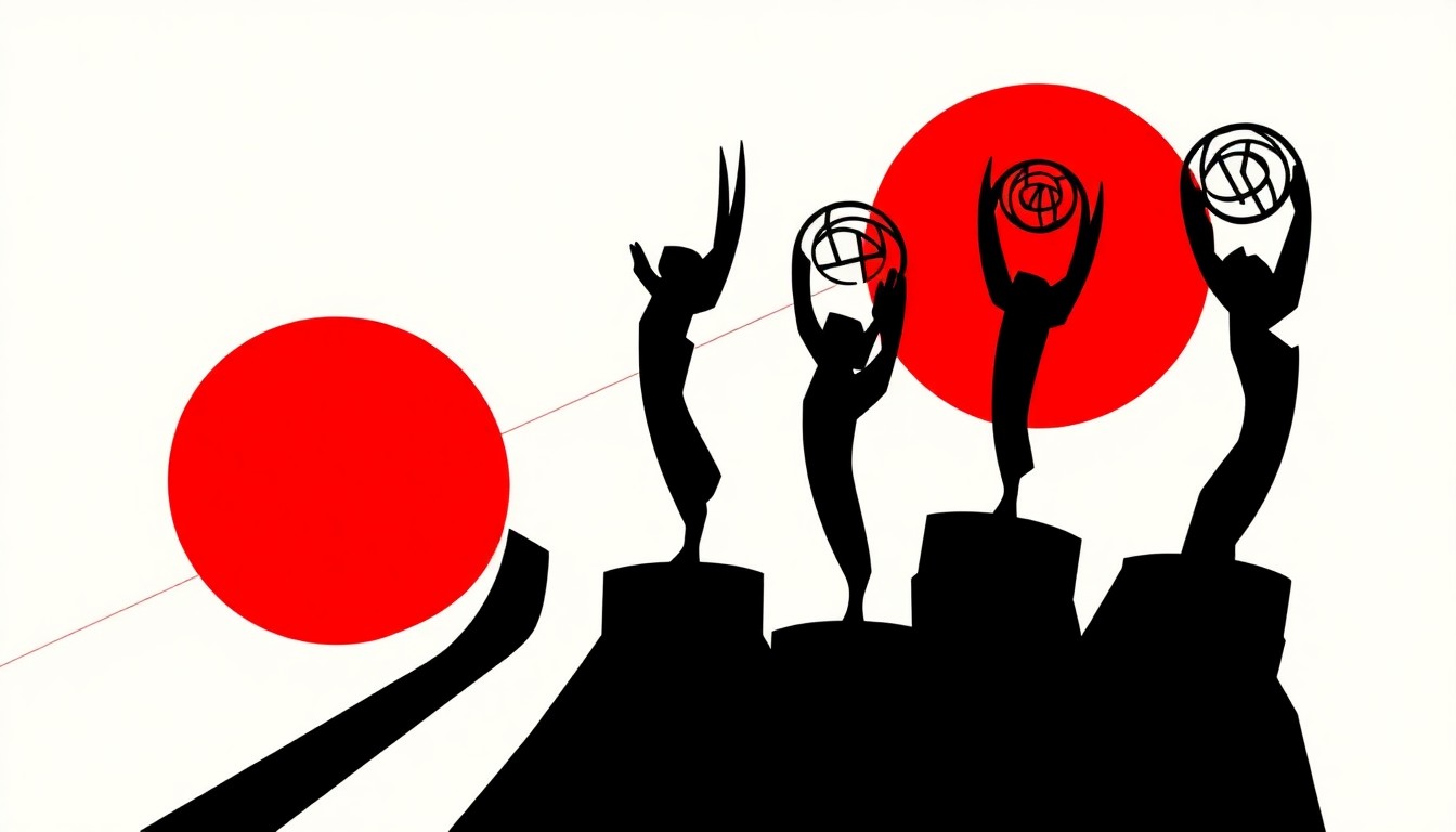 A striking abstract composition of jagged black silhouettes and bold red and white geometric shapes, conceptually representing the debate around Emmy eligibility rules.