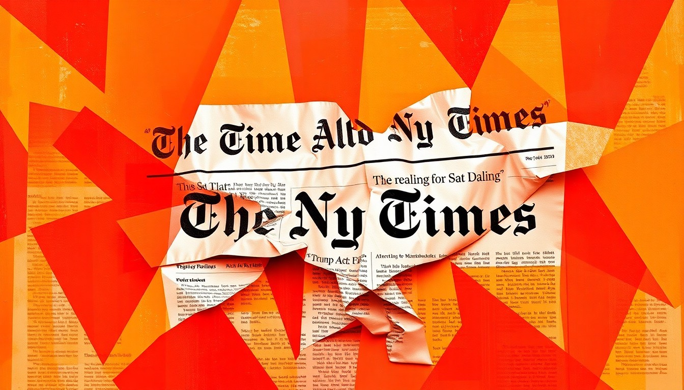 A fractured, abstract painting in warm colors depicting a repeating, overlapping image of a crumpled newspaper page, conceptually representing the president's combative relationship with the press.