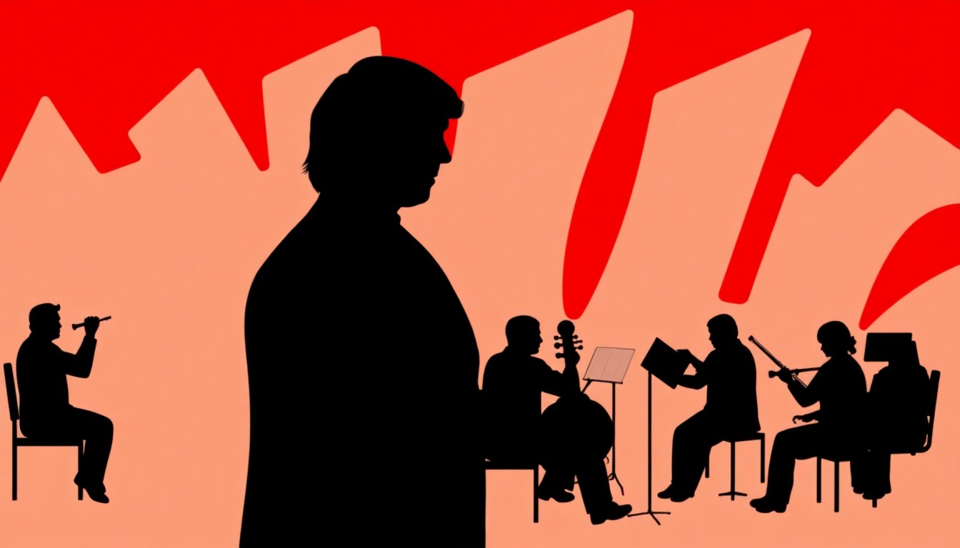 A striking abstract illustration featuring bold black silhouettes of a singer and orchestra against a bright red background, capturing the energy and artistry of LiV Warfield's upcoming performance.