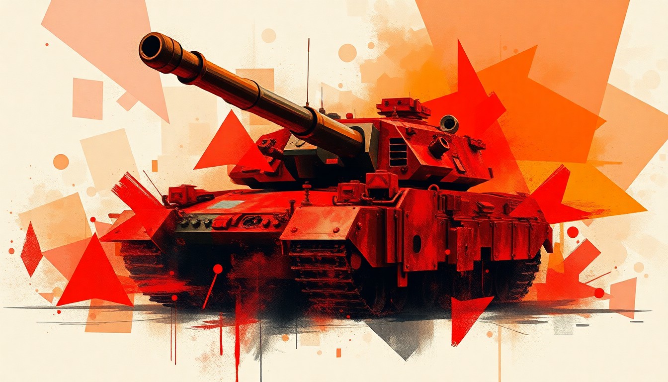 A dynamic, fragmented painting in shades of red, orange, and black depicting the outline of a military vehicle or missile, conveying a sense of chaos and urgency surrounding the political tensions.