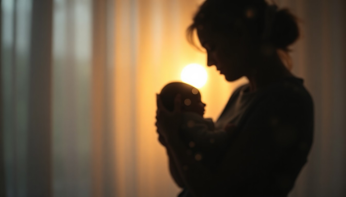An abstract, out-of-focus photograph showing the blurred silhouette of a woman holding a newborn baby, conveying the emotion and intimacy of an unexpected in-flight birth.