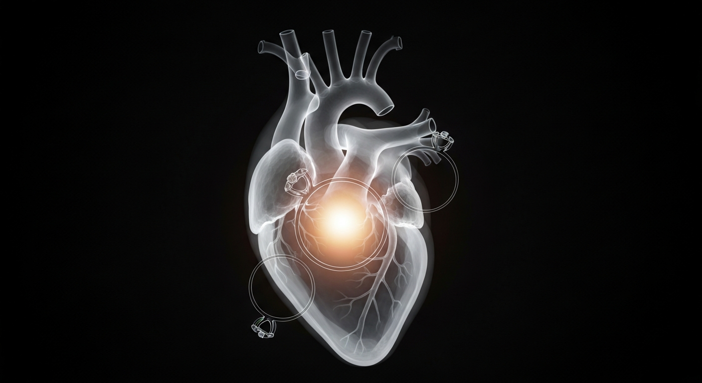 A ghostly, translucent X-ray photograph of a human heart, surrounded by a faint outline of wedding rings, conceptually representing the couple's love and commitment during a medical crisis.