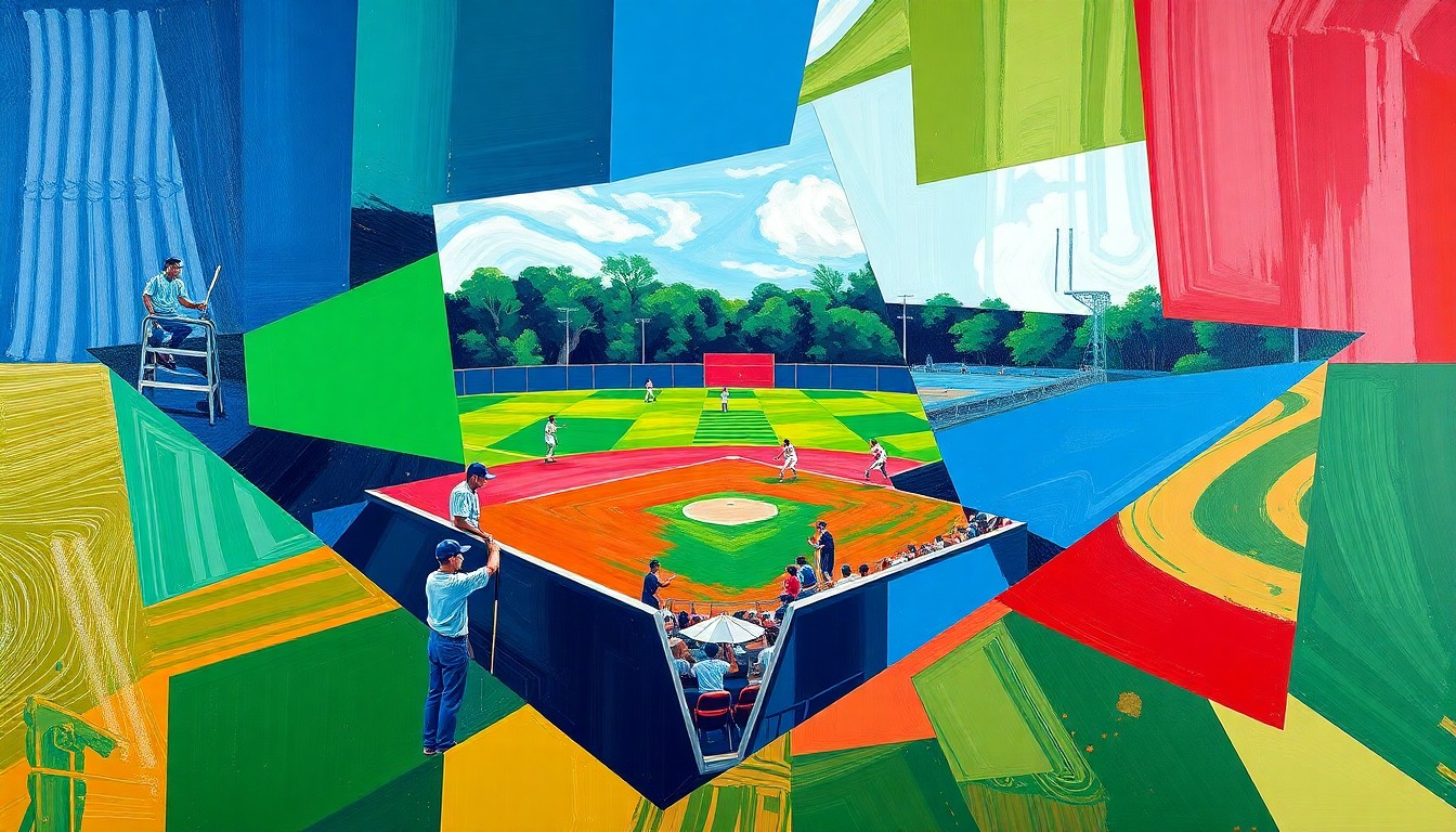 A cubist, geometric painting depicting a high school softball game, with the players and field broken down into sharp, overlapping planes of color in navy blue, forest green, and crimson red.