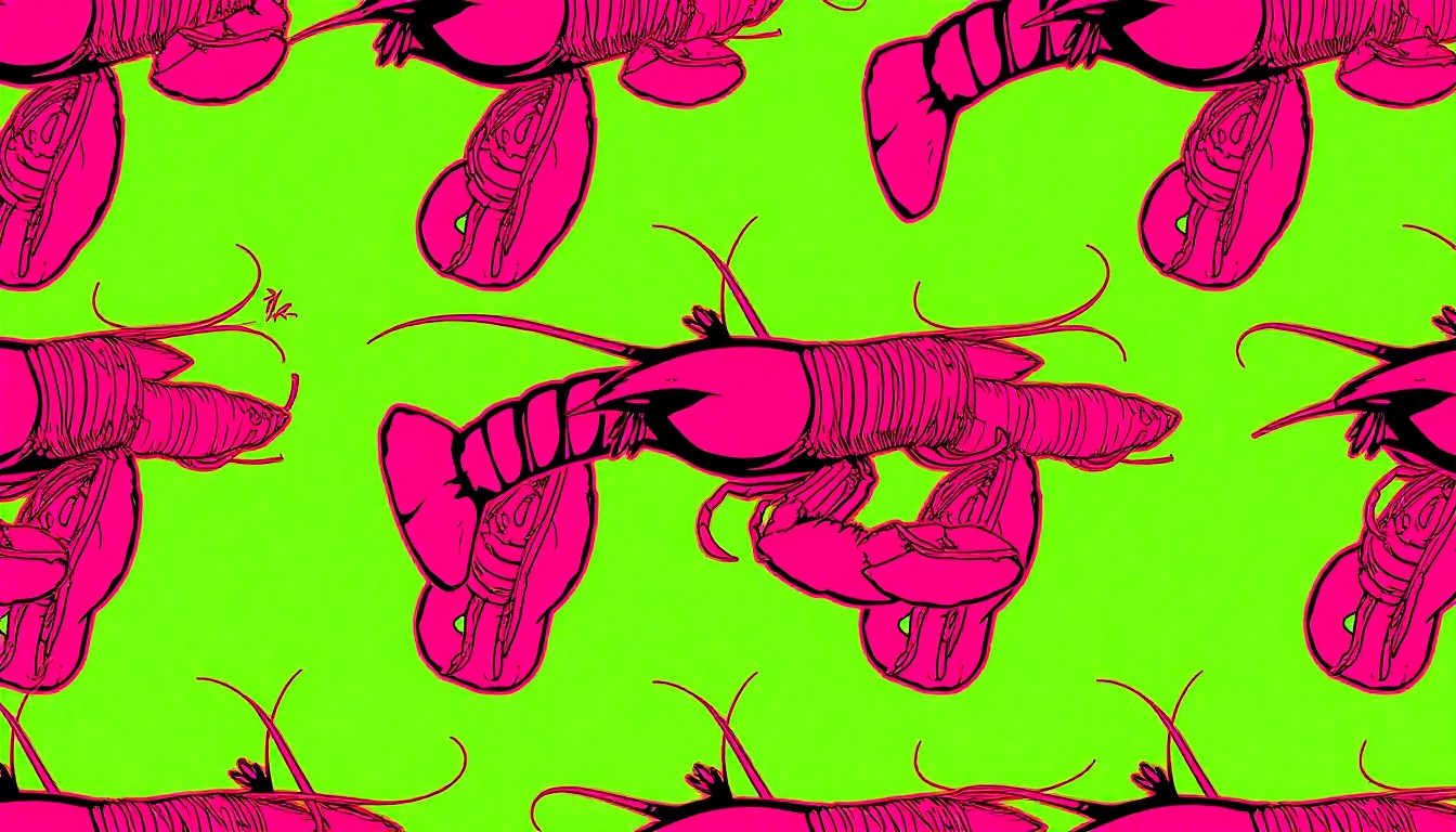 A bold, colorful silkscreen-style illustration featuring a repeating pattern of bright red crawfish against a vibrant neon background, conceptually representing the lively Cajun-inspired festival.