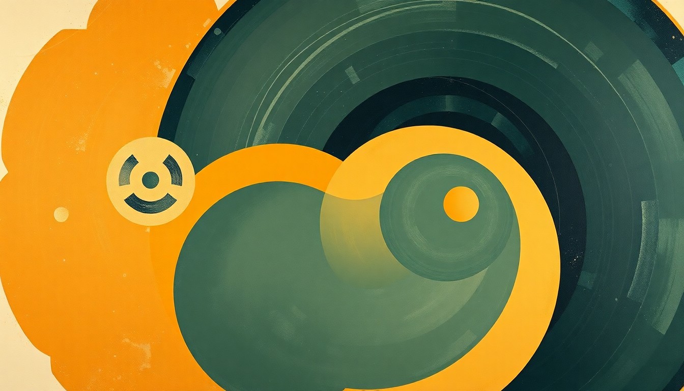 A bold, abstract painting in earthy tones of ochre, sage, and indigo, featuring sweeping geometric arcs, concentric planetary circles, and precise botanical spirals, conceptually representing the structural order and technical forces of the Artemis II mission.