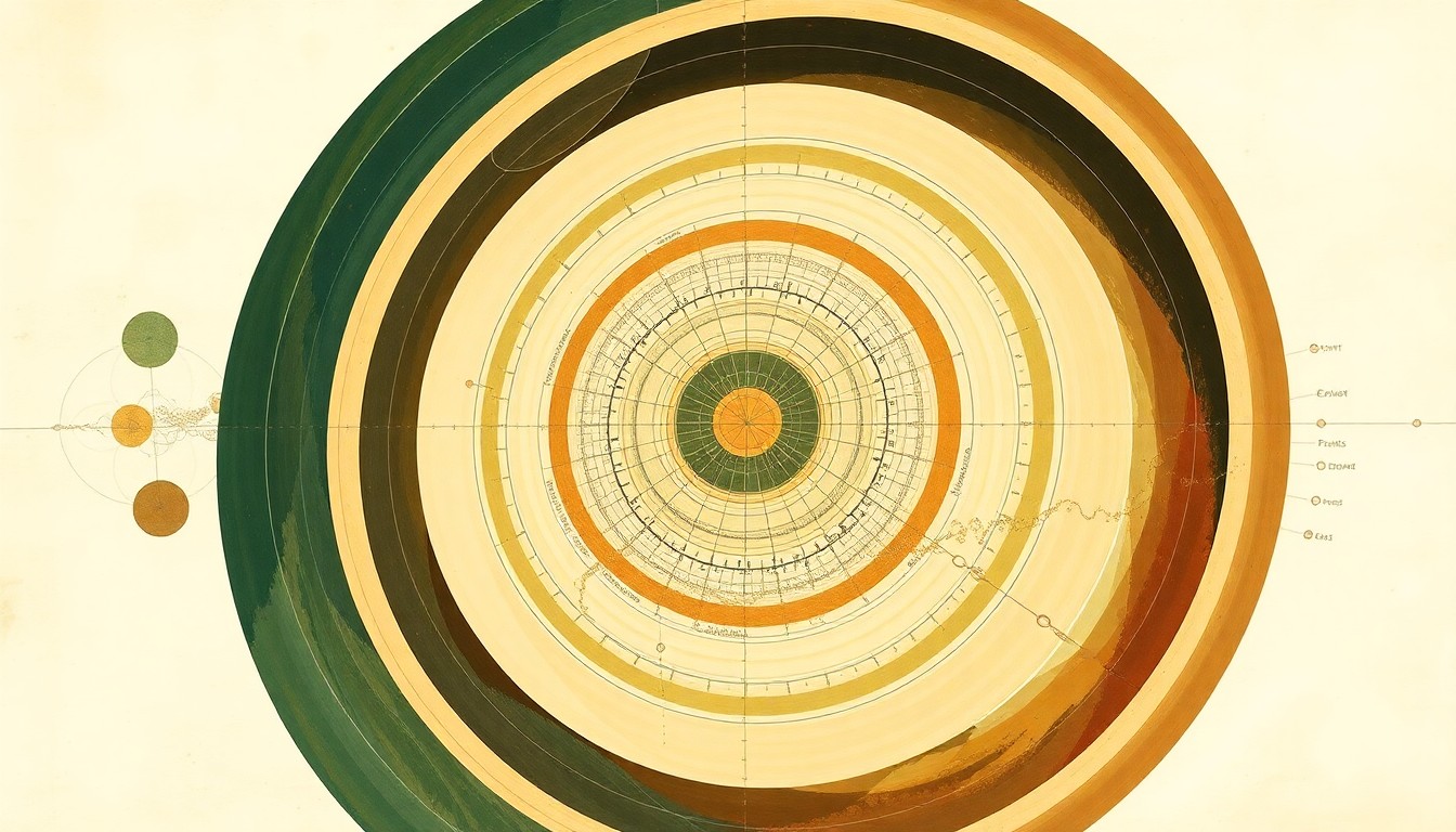 A highly structured abstract painting in earthy tones, featuring sweeping geometric arcs, concentric circles, and precise botanical spirals, conceptually representing the complex interconnected systems of plant genetics and breeding.