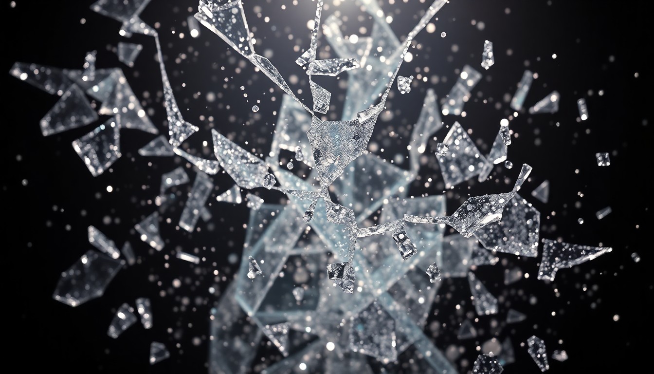 An extreme close-up of shattered glass and glittering sequins in high-contrast studio lighting, conceptually representing the dramatic and visually striking nature of the HBO series 'Euphoria'.