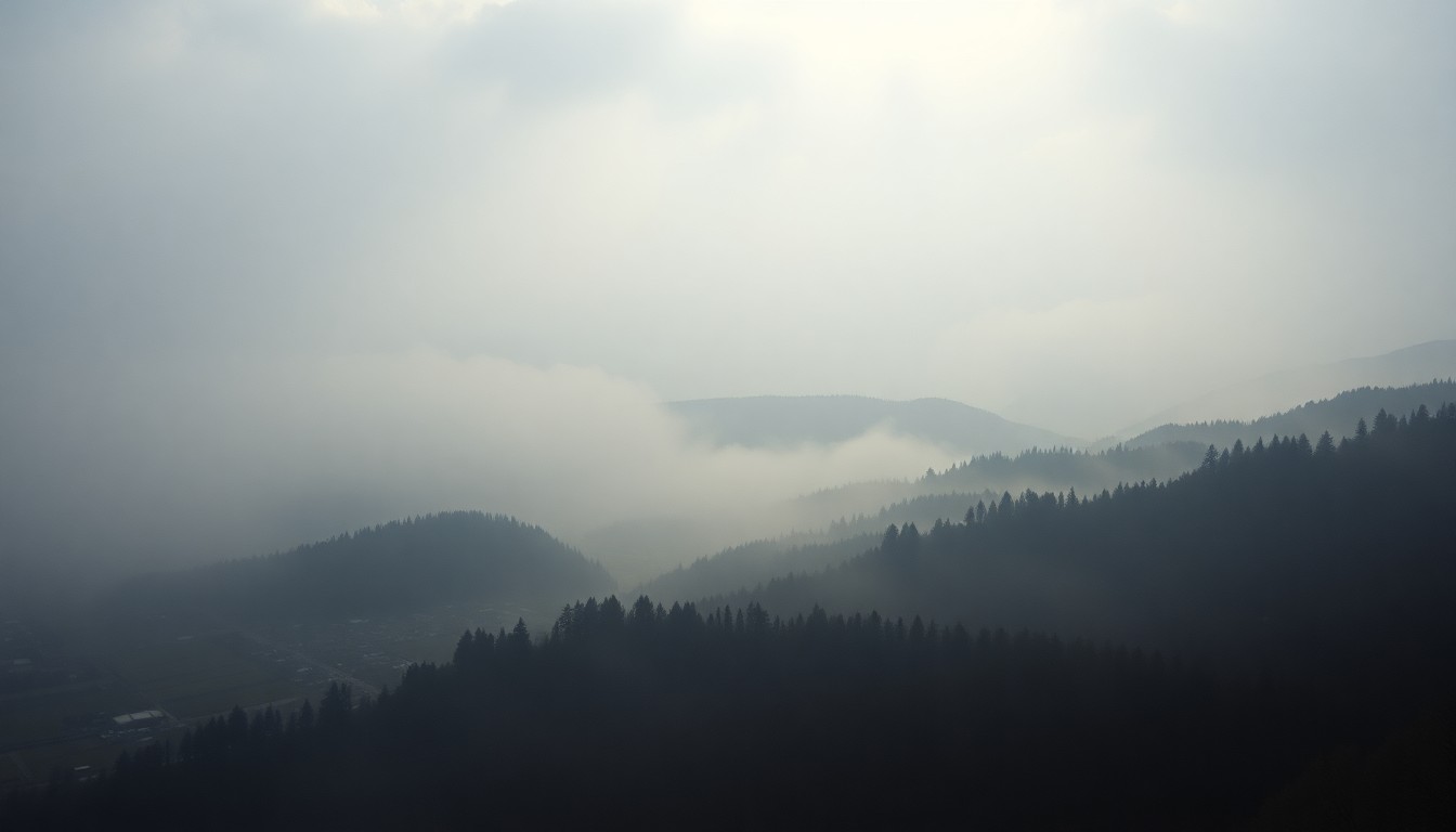 A vast, atmospheric landscape painting in muted tones of gray, blue, and green, depicting the Keyser Valley region obscured by heavy fog and mist, conveying the overwhelming scale and power of the natural environment.