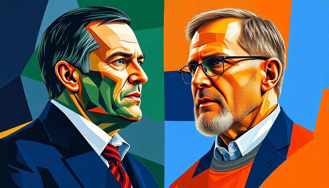 A cubist, geometric painting depicting the contrasting coaching styles and careers of Bill Belichick and Michael Malone, the new head coaches of the North Carolina Tar Heels football and basketball programs.
